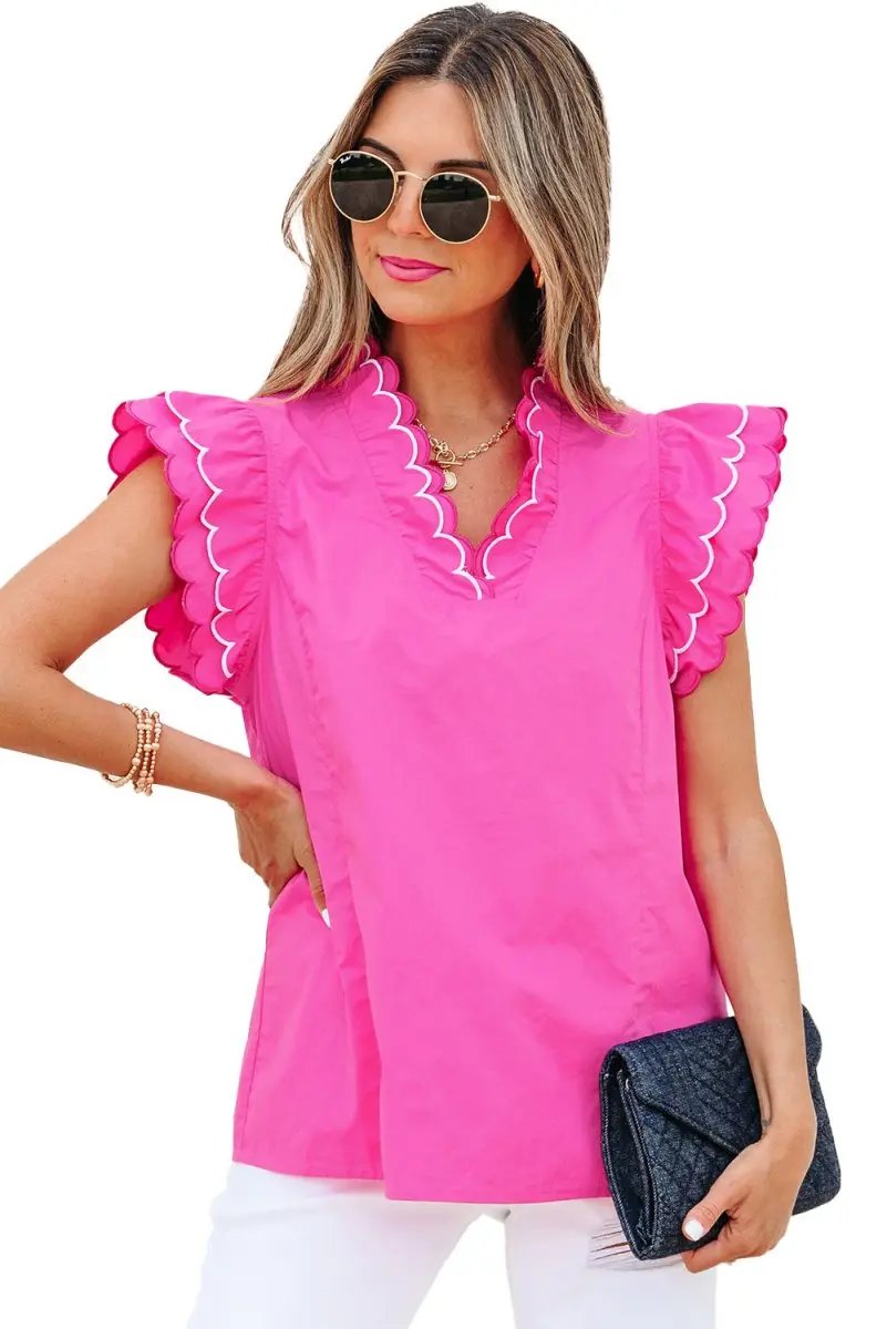 Bright Pink Contrast Scallop Trim Layered V Neck Blouse - Love Salve